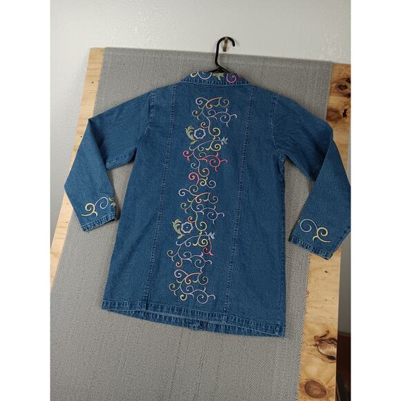 Denim & Co. Vintage Denim Shirt Chore Womens Medium Blue Floral Embroidered Y2K - Picture 6 of 11